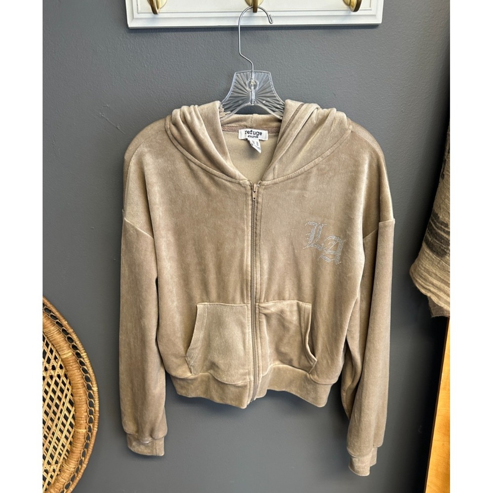 Vintage Y2k Refuge Athletics Womens Size M Los Angeles‎ Tan Zip Up Velour Jacket